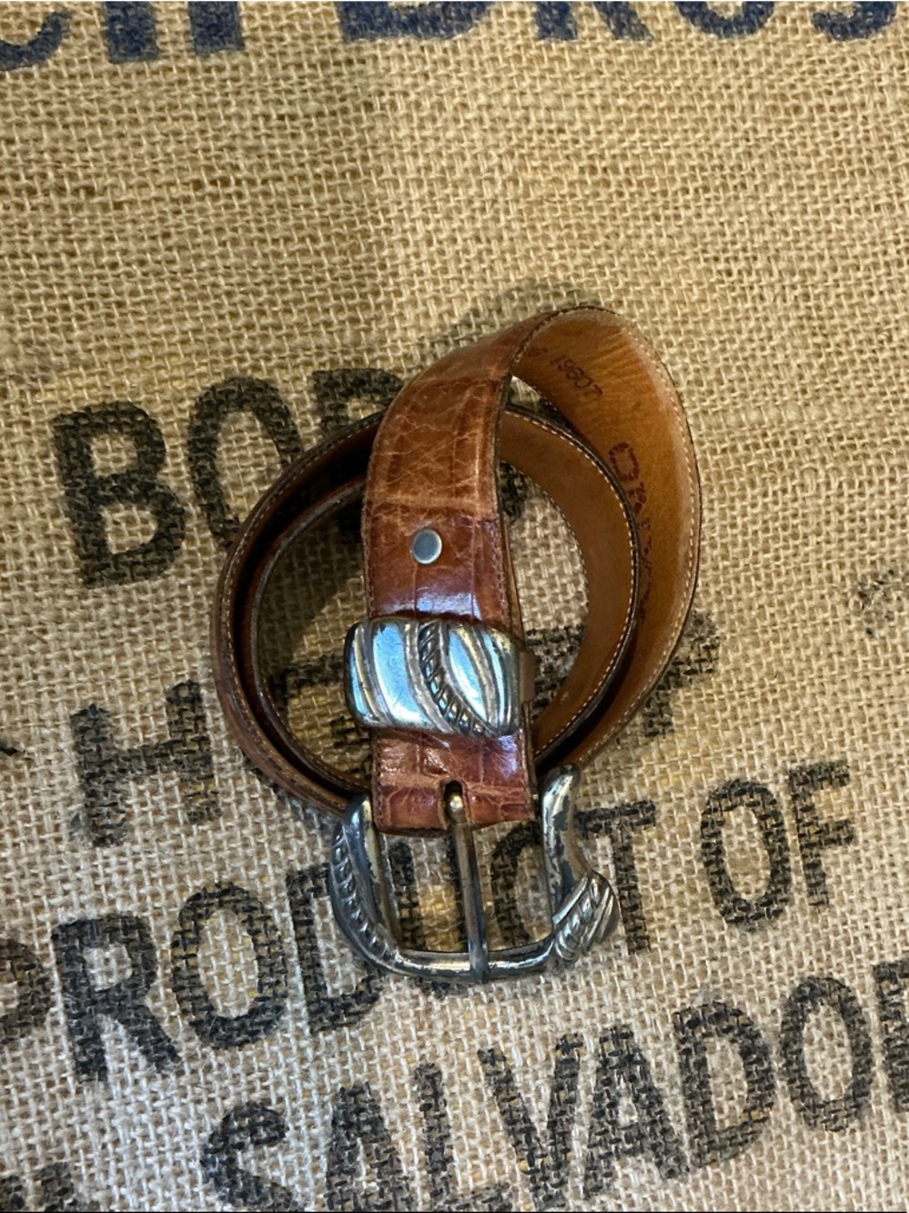 Vintage Onyx Brown Croc-Embossed Leather Belt with Silver Western Buckle